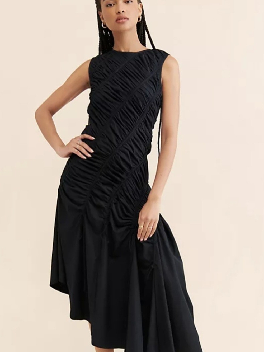 Anthropologie Sleeveless Black Ruched Asymmetric Midi Dress